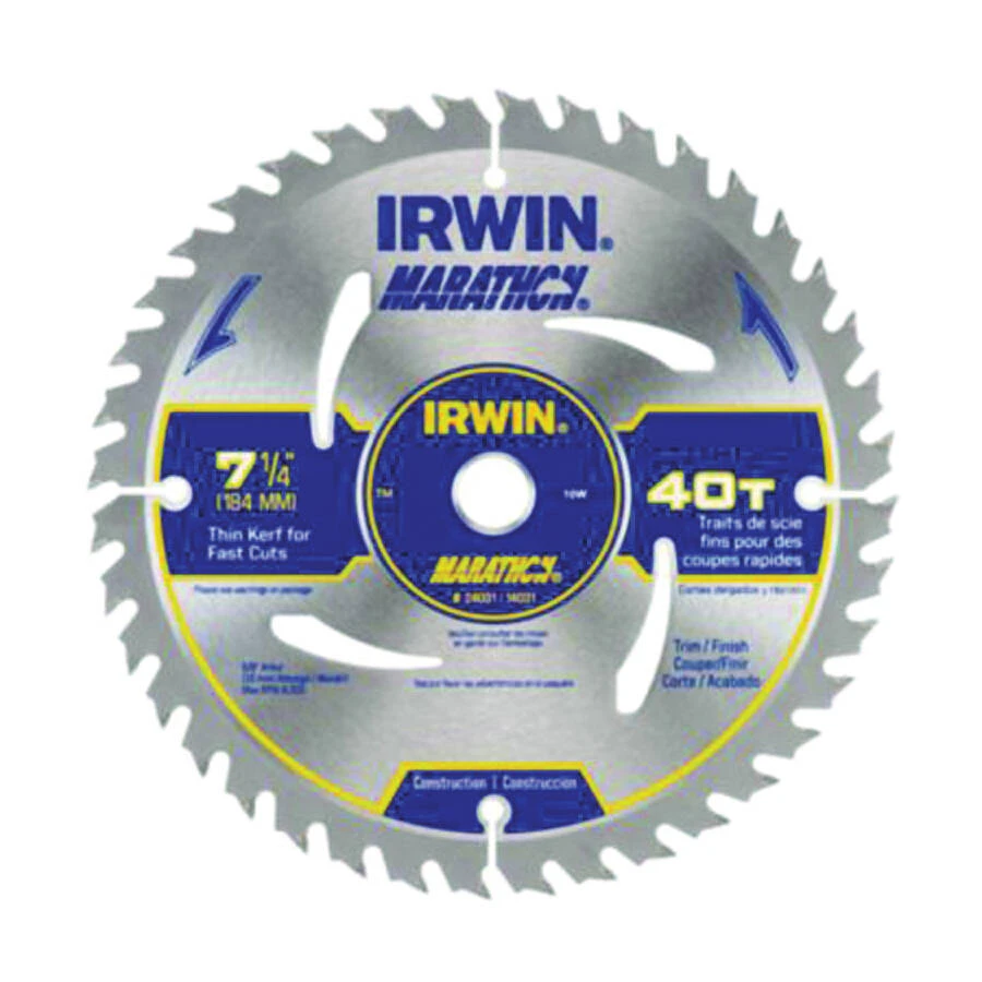 Irwin Marathon Circular Saw Blade, 7-1/4 In Dia, Carbide Cutting Edge, 5/8 In Arbor