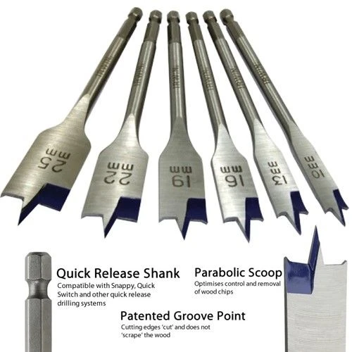 Irwin 6 Piece Blue Groove Flat Bit Set 4 X Faster Cut 10, 13, 16, 19, 22 & 25mm