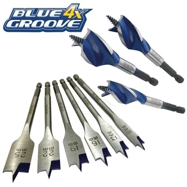 Irwin 9 Piece Blue Groove Stubby Auger Drill Bit + Flat Bit Set 16mm 20mm 25mm