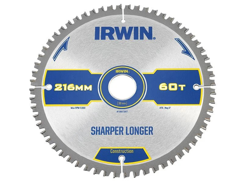 Irwin Construction Mitre Circular Saw Blade 216 X 30mm X 60T ATB/Neg IRW1897397