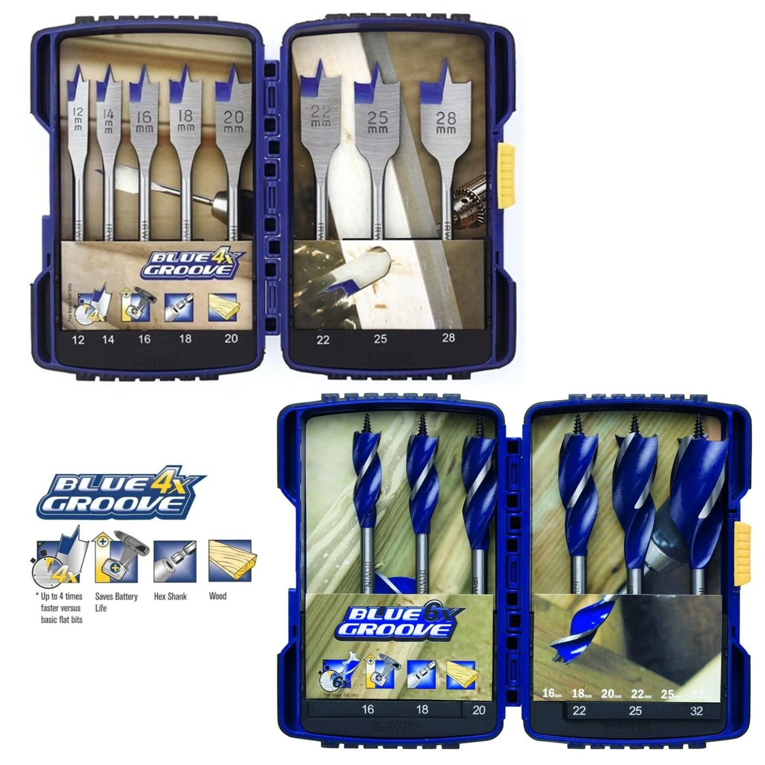 Irwin 14 Piece Power Drill Blue Groove Auger And Flat Bit Set - 4 X Faster Cut