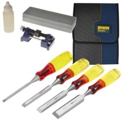 Irwin Marples M373 4 Piece Chisel Set Sharpening Honing Tools And Chisel Roll