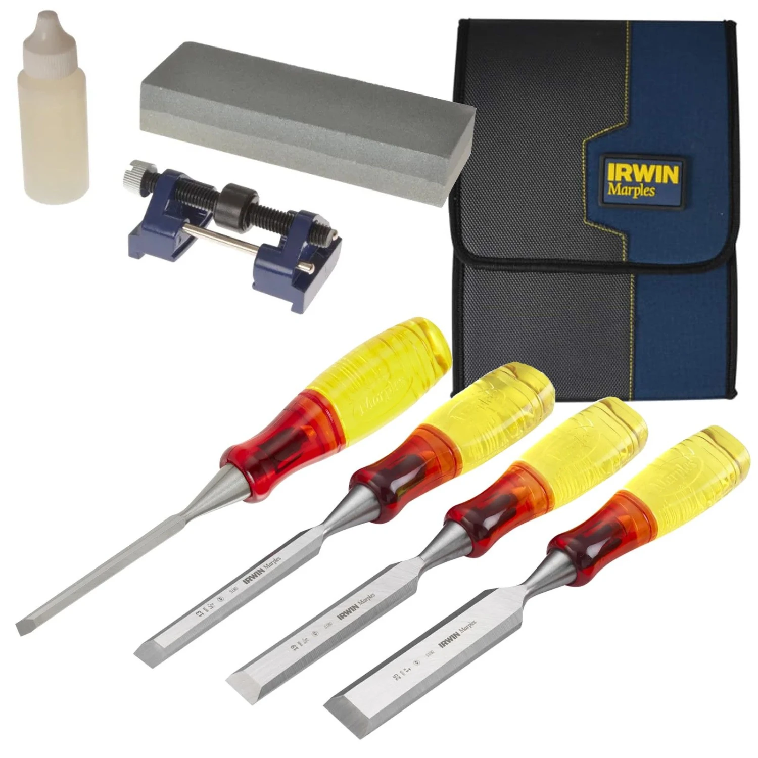 Irwin Marples M373 4 Piece Chisel Set Sharpening Honing Tools And Chisel Roll