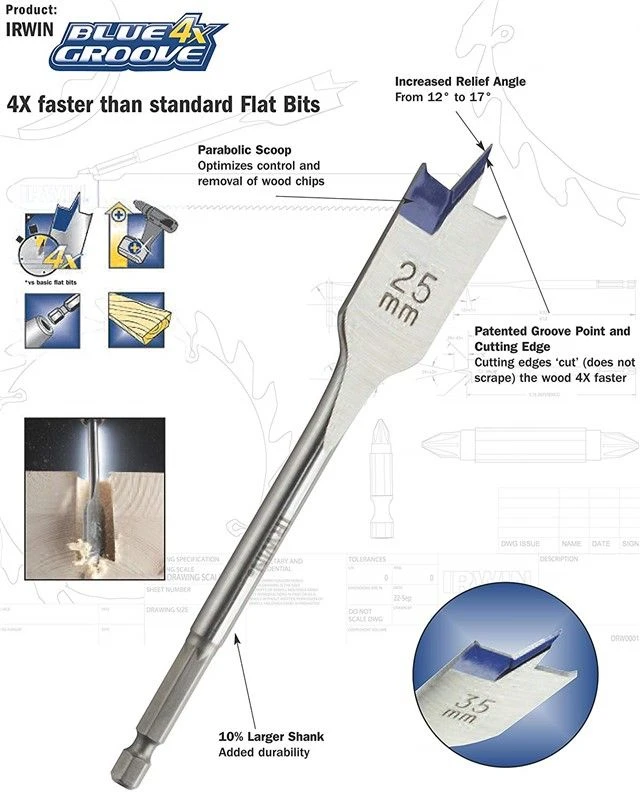 Irwin 14 Piece Power Drill Blue Groove Auger And Flat Bit Set - 4 X Faster Cut - Image 3